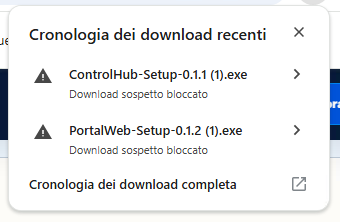 Elenco dei download recenti di Chrome con i file ControlHub-Setup e PortalWeb-Setup segnati come Download sospetto bloccato