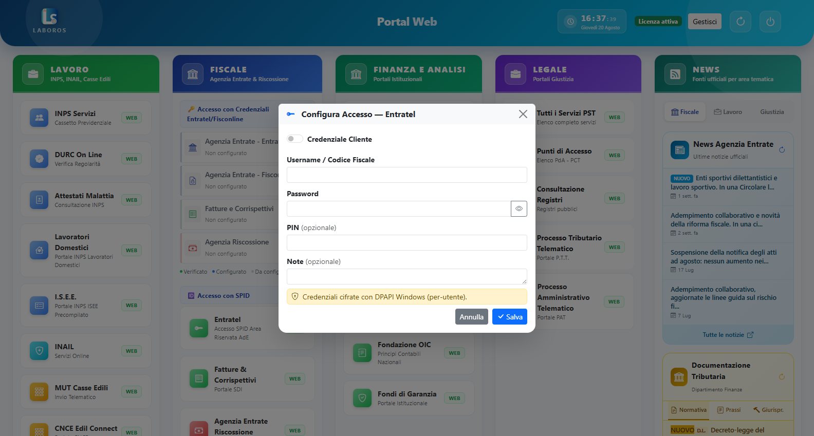 Modale Configura Accesso di PortalWeb: credenziali per studio e cliente con cifratura DPAPI