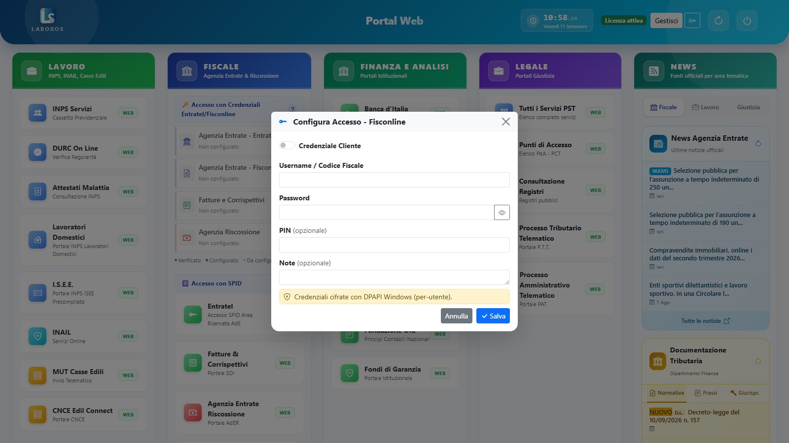 Modale Configura Accesso di PortalWeb per Fisconline con campi username, password, PIN e avviso di cifratura DPAPI
