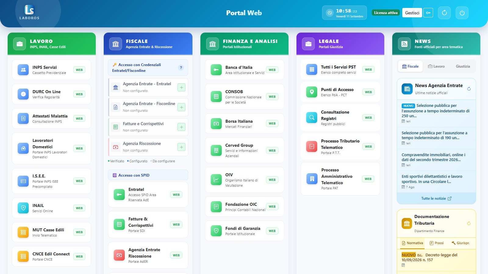 Dashboard di PortalWeb con le colonne Lavoro, Fiscale, Finanza e Analisi, Legale e la colonna News con le notizie dell'Agenzia delle Entrate