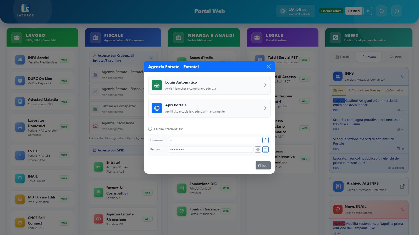Finestra di scelta di PortalWeb per Agenzia Entrate Entratel con le opzioni Login Automatico e Apri Portale